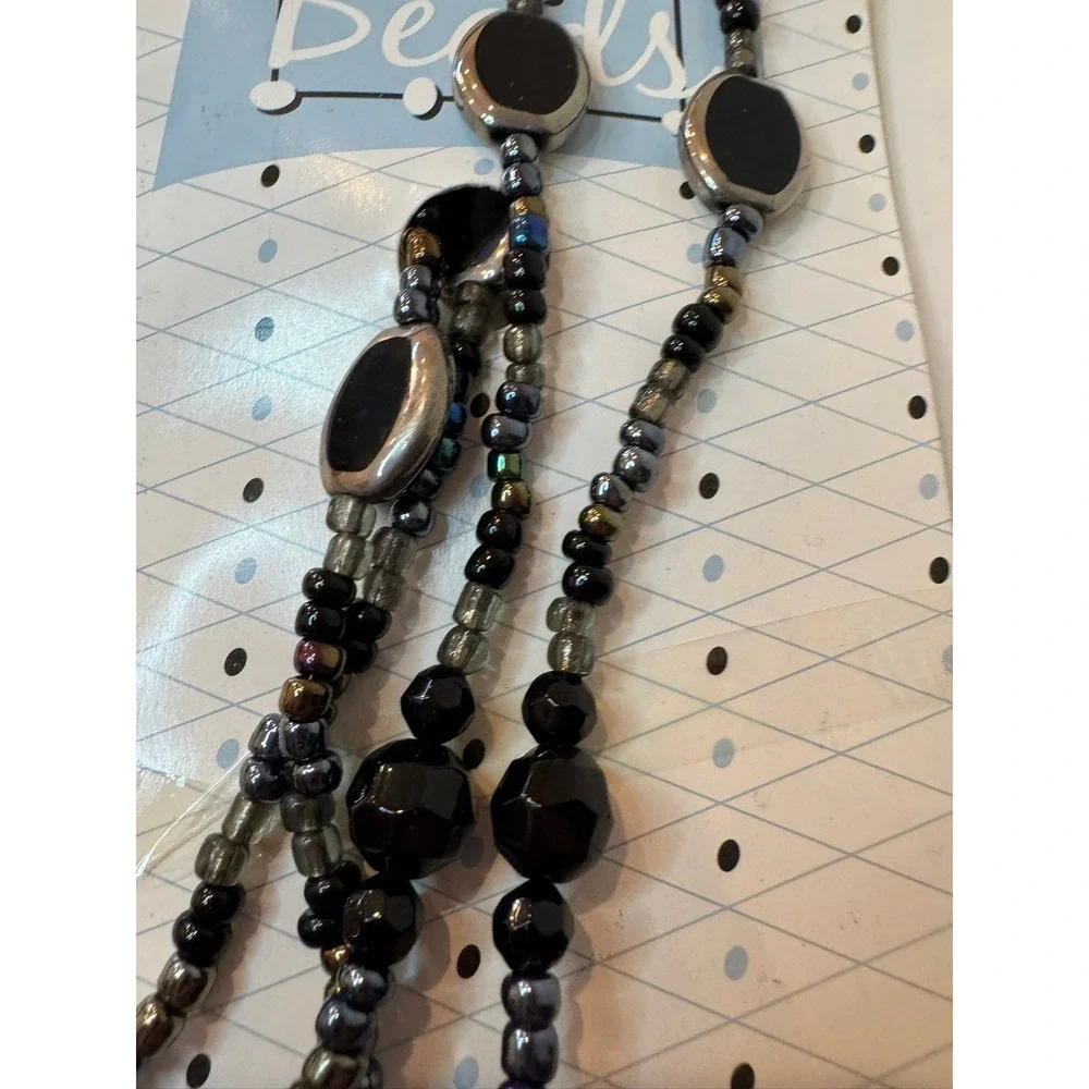 i.D. Beads Scholastic Black Silver Iridescent Beaded Lanyard ID Badge Holder